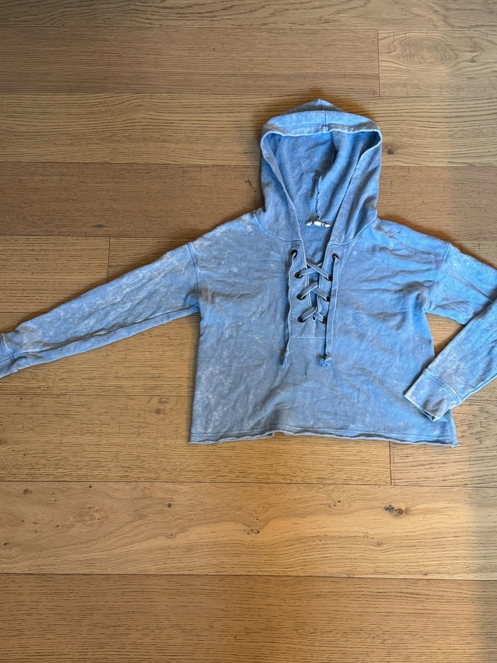 American Eagle AE Washed Lace Up Hoodie Blue Acid Wash Cropped Size M
